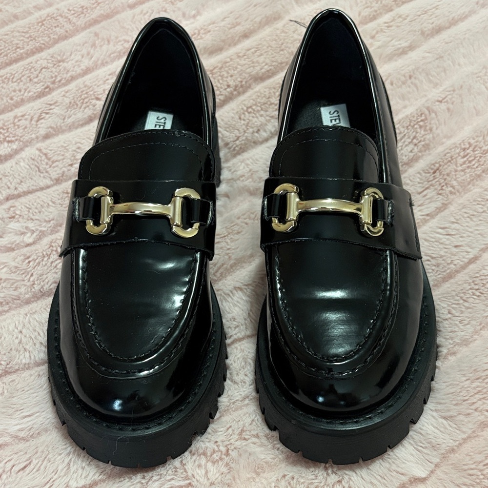 Steve Madden Black Patent Loafers with Gold Buckle Detail